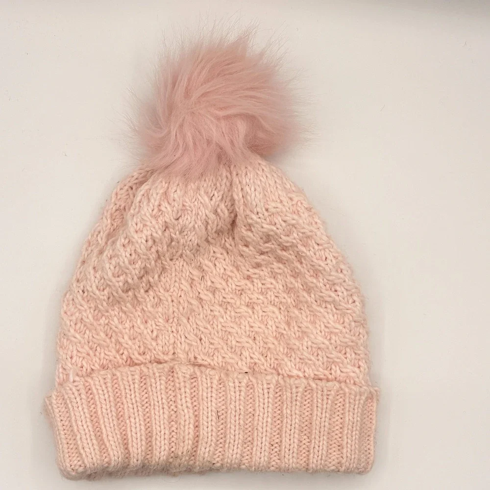 ROXY Womens Beanie Pink Medium Lined Knit Pom Fur Trim Logo Winter Cozy